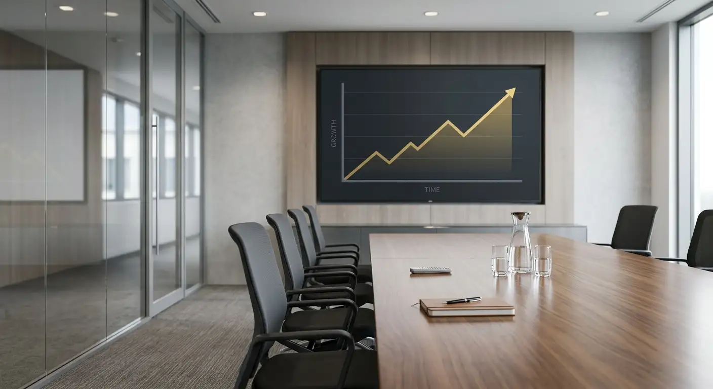 Conference room screen displaying an upward-trending growth line graph in gold and grey