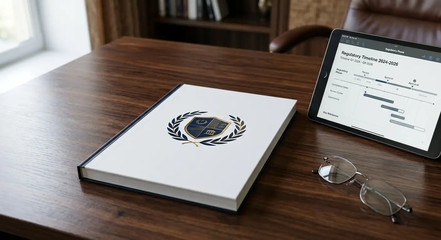 Bound white regulatory paper beside a tablet timeline chart and reading glasses