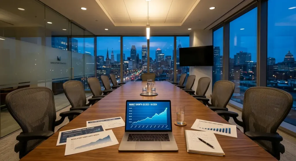Empty conference room at dusk with reports and a laptop showing an upward-trending line graph