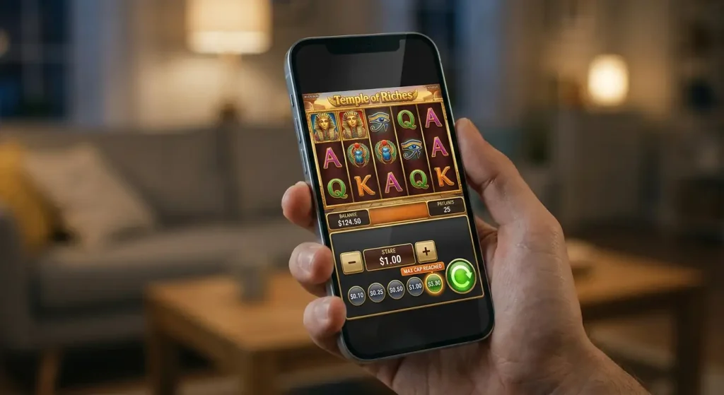 Smartphone slot with a redesigned stake selector showing a limited range and capped maximum