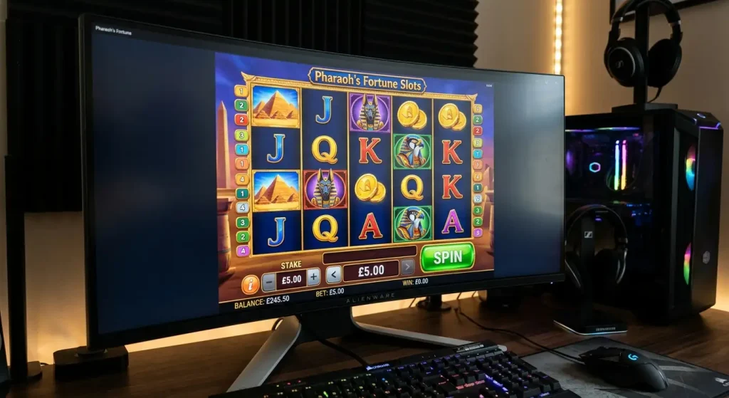 Slot game bet selector showing maximum stake cap at five pounds