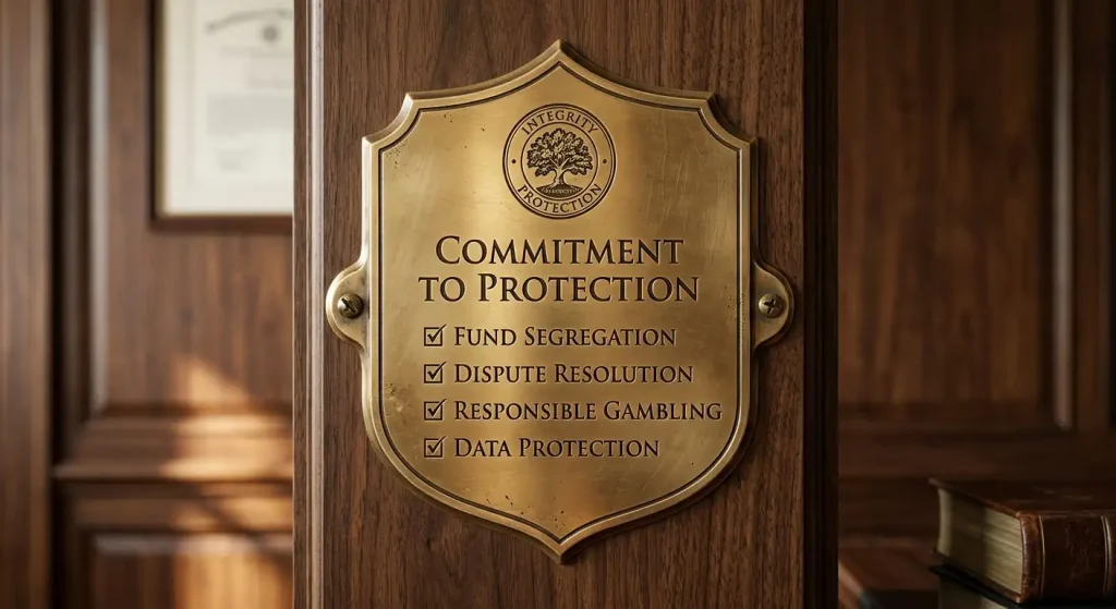 Engraved shield plaque listing ticked UKGC protections including fund segregation and dispute resolution