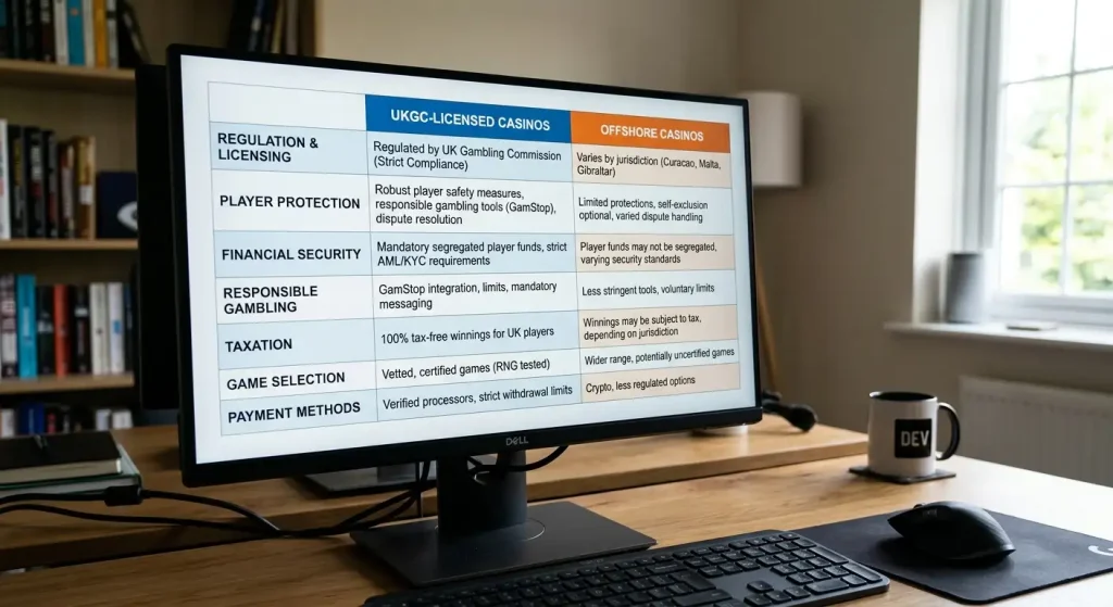 Side-by-side table comparing UKGC-licensed and offshore casino features and protections