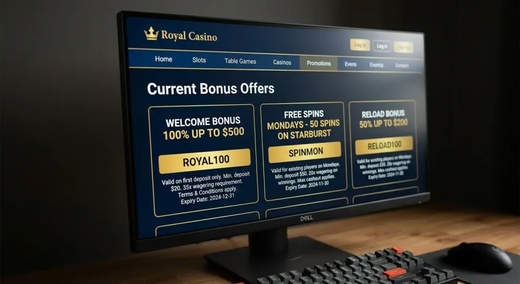 Official casino promotions page listing currently valid bonus codes with terms and expiry dates