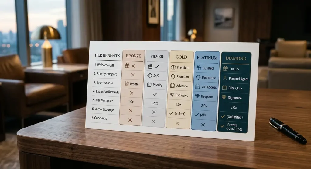 Comparison of VIP programme benefits across different tier levels at online casino