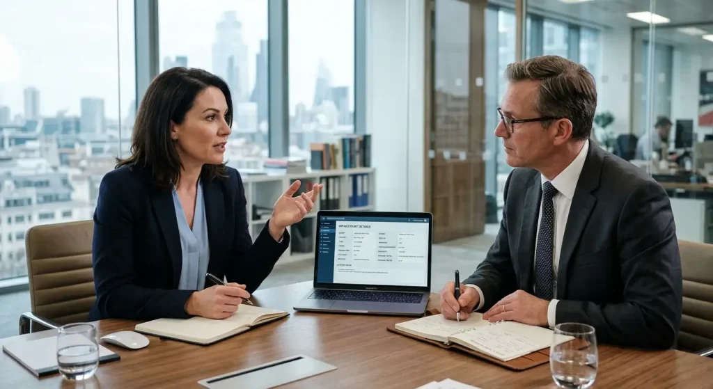 Two people in an office meeting discussing VIP account terms on a laptop