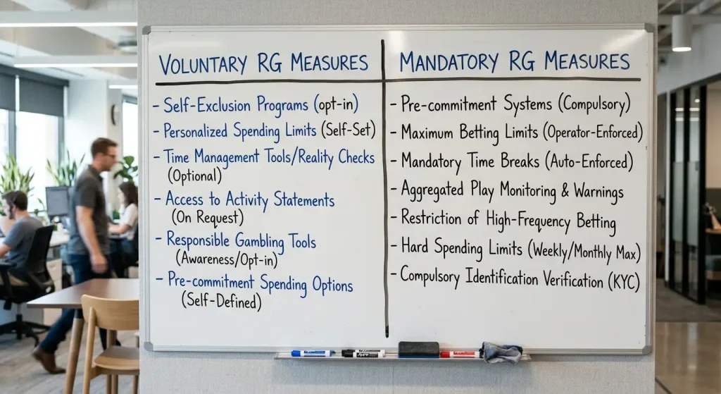 Comparison diagram showing voluntary versus mandatory responsible gambling frameworks