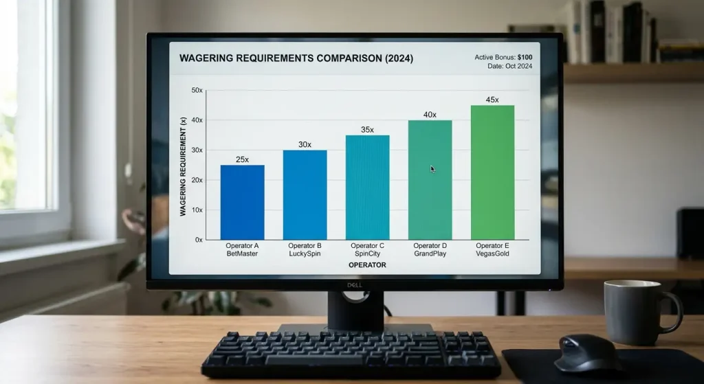 Industry comparison chart showing wagering requirement ranges across casino operators