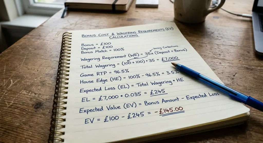 Notebook with handwritten wagering requirement and expected-value bonus calculations
