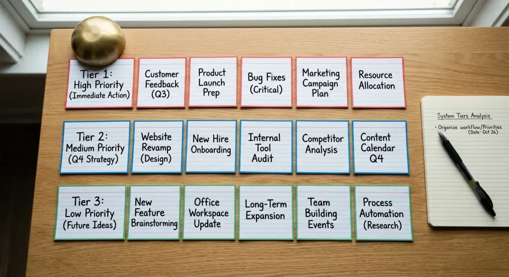 Three tiers of labelled index cards mapping a multi-deposit welcome package structure