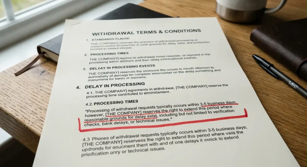 Fine print of casino withdrawal terms showing reasonable grounds language
