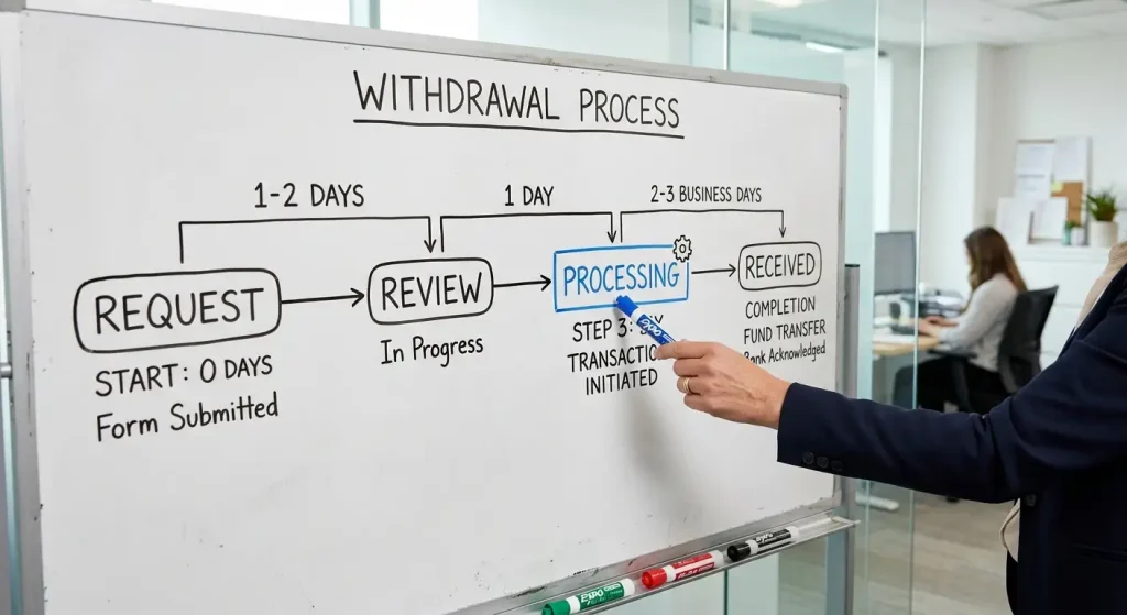 Whiteboard timeline tracking withdrawal stages from request through review to received